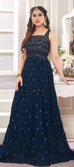 Festive, Reception Blue color Gown in Faux Georgette fabric with Embroidered, Resham, Thread work : 1806801