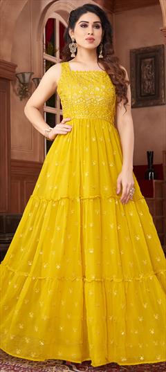 Festive, Reception Yellow color Gown in Faux Georgette fabric with Embroidered, Resham, Thread work : 1806802