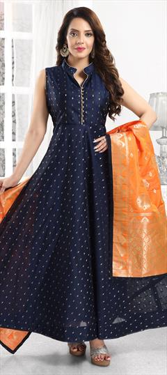 Party Wear, Reception Blue color Salwar Kameez in Chanderi Silk fabric with Anarkali Thread, Zari work : 1806803