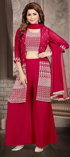 Engagement, Reception Red and Maroon color Salwar Kameez in Faux Georgette fabric with Palazzo Embroidered, Resham, Thread work : 1806984