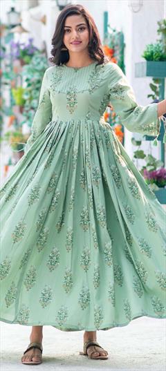 Party Wear Green color Kurti in Muslin fabric with Anarkali, Long Sleeve Digital Print work : 1807005