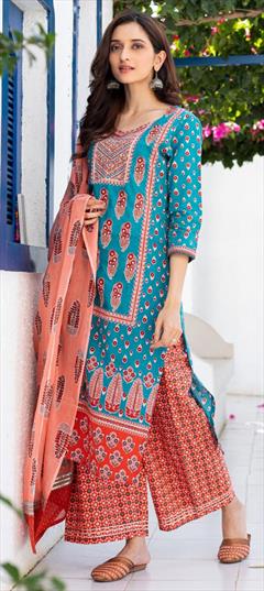 Party Wear Blue, Orange color Salwar Kameez in Cotton fabric with Palazzo, Straight Gota Patti, Mirror, Printed, Sequence, Zardozi work : 1807037