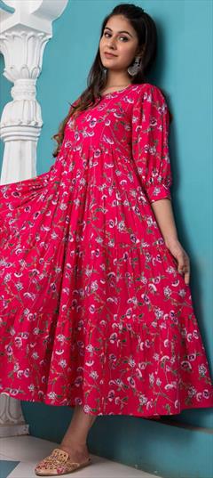 Party Wear Pink and Majenta color Gown in Cotton fabric with Floral, Printed work : 1807038