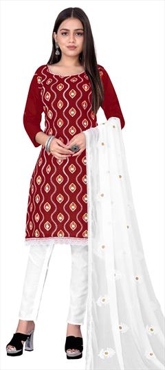 Casual Red and Maroon color Salwar Kameez in Cotton fabric with Straight Embroidered, Thread work : 1807096
