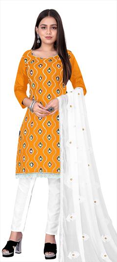 Casual Yellow color Salwar Kameez in Cotton fabric with Straight Embroidered, Thread work : 1807097