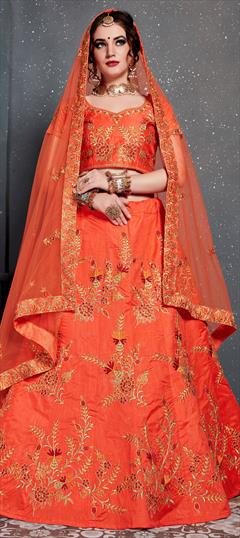 Traditional Orange color Lehenga in Art Silk fabric with A Line Embroidered, Stone, Thread, Zari work : 1807131