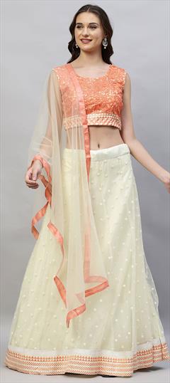 Festive, Reception Beige and Brown color Lehenga in Net fabric with A Line Embroidered, Resham, Thread work : 1807239