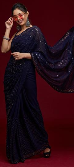 Party Wear Blue color Saree in Georgette fabric with Classic Embroidered, Sequence, Thread work : 1807265