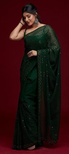 Party Wear Green color Saree in Georgette fabric with Classic Embroidered, Sequence, Thread work : 1807267