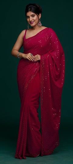 Party Wear Pink and Majenta color Saree in Georgette fabric with Classic Embroidered, Sequence, Thread work : 1807268