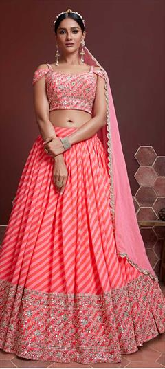Reception, Wedding Orange, Pink and Majenta color Lehenga in Organza Silk, Silk fabric with A Line Printed, Sequence work : 1807295