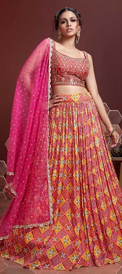 Reception, Wedding Multicolor color Lehenga in Chiffon fabric with A Line Printed, Sequence work : 1807298