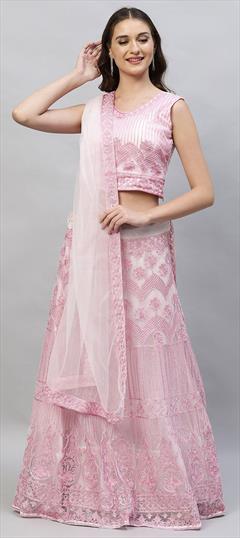 Party Wear, Reception Pink and Majenta color Lehenga in Net fabric with A Line Embroidered, Thread work : 1807303