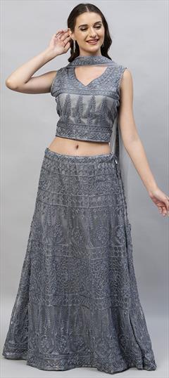 Party Wear, Reception Black and Grey color Lehenga in Net fabric with A Line Embroidered, Thread work : 1807304