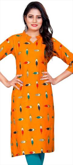 Casual Orange color Kurti in Rayon fabric with Long Sleeve, Straight Printed work : 1807333