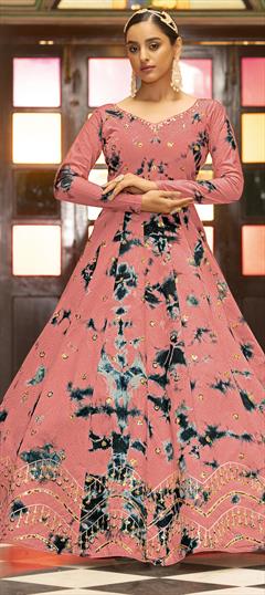 Festive, Reception Pink and Majenta color Gown in Cotton fabric with Embroidered, Printed, Sequence work : 1807469