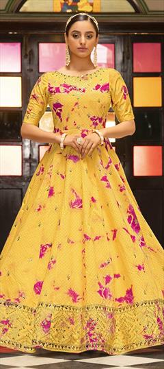 Festive, Reception Yellow color Gown in Cotton fabric with Embroidered, Printed, Sequence work : 1807471