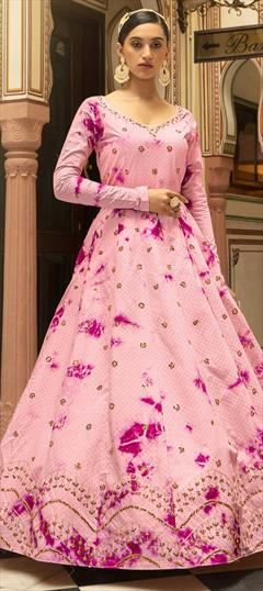 Festive, Reception Pink and Majenta color Gown in Cotton fabric with Embroidered, Printed, Sequence work : 1807473