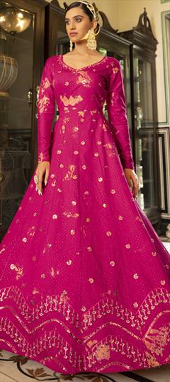 Festive, Reception Pink and Majenta color Gown in Cotton fabric with Embroidered, Printed, Sequence work : 1807475