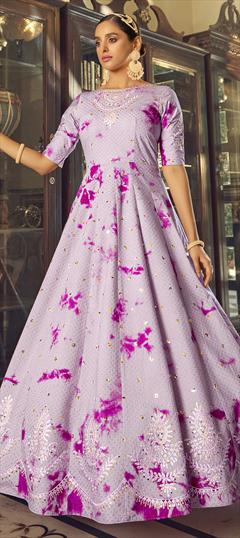 Festive, Reception Purple and Violet color Gown in Cotton fabric with Embroidered, Printed, Sequence work : 1807477