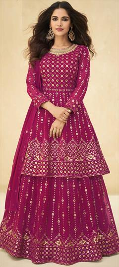 Party Wear, Reception Pink and Majenta color Long Lehenga Choli in Georgette fabric with Embroidered, Sequence, Thread work : 1807545