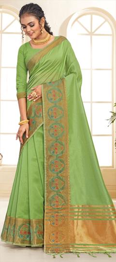 Traditional Green color Saree in Organza Silk, Silk fabric with South Swarovski, Weaving work : 1807982
