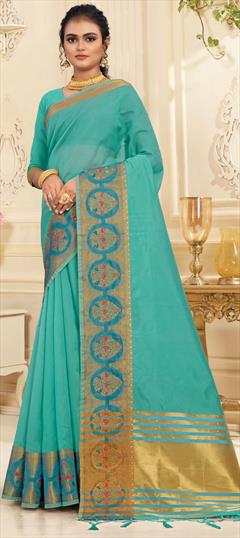 Traditional Blue color Saree in Organza Silk, Silk fabric with South Swarovski, Weaving work : 1807985
