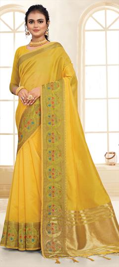Traditional Yellow color Saree in Organza Silk, Silk fabric with South Swarovski, Weaving work : 1807986