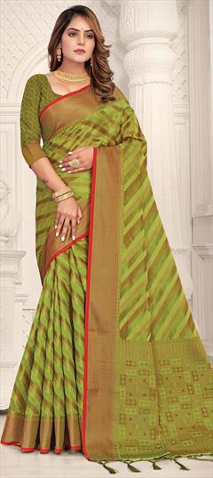 Traditional Green color Saree in Organza Silk, Silk fabric with South Weaving work : 1808021