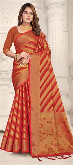 Traditional Red and Maroon color Saree in Organza Silk, Silk fabric with South Weaving work : 1808022