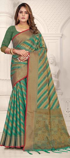 Traditional Blue color Saree in Organza Silk, Silk fabric with South Weaving work : 1808023