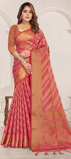 Traditional Pink and Majenta color Saree in Organza Silk, Silk fabric with South Weaving work : 1808024