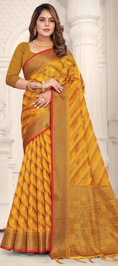 Traditional Yellow color Saree in Organza Silk, Silk fabric with South Weaving work : 1808025