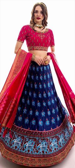 Festive, Reception Blue color Lehenga in Satin Silk fabric with A Line Embroidered, Printed, Thread work : 1808059