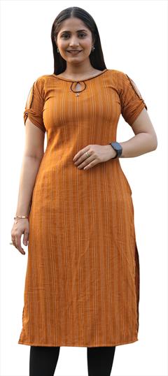 Casual Yellow color Kurti in Cotton fabric with Short, Straight Printed work : 1808129