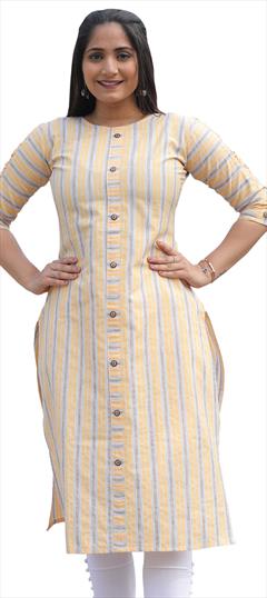 Casual Yellow color Kurti in Cotton fabric with Long, Straight Printed work : 1808149