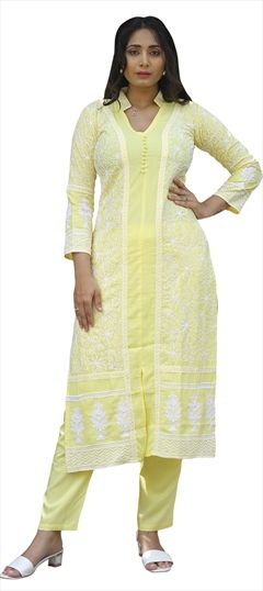 Party Wear Yellow color Tunic with Bottom in Rayon fabric with Embroidered, Thread work : 1808162