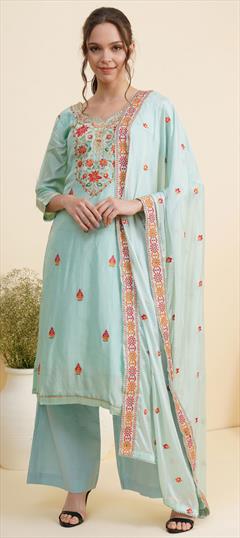 Party Wear Blue color Salwar Kameez in Silk fabric with Palazzo Embroidered, Resham, Stone, Thread, Zari work : 1808173