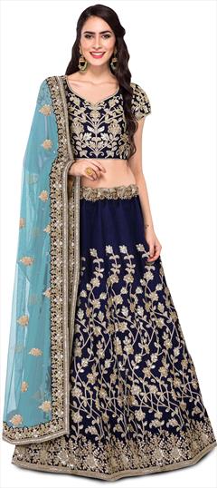 Party Wear, Reception Blue color Lehenga in Raw Silk fabric with A Line Embroidered, Stone, Thread, Zari work : 1808282