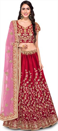 Party Wear, Reception Red and Maroon color Lehenga in Raw Silk fabric with A Line Embroidered, Sequence, Thread, Zari work : 1808285