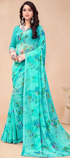 Casual Blue color Saree in Georgette fabric with Classic Floral, Printed work : 1808403