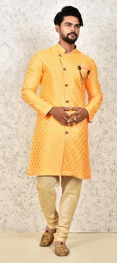 Yellow color Kurta Pyjamas in Jamawar fabric with Thread work : 1808468