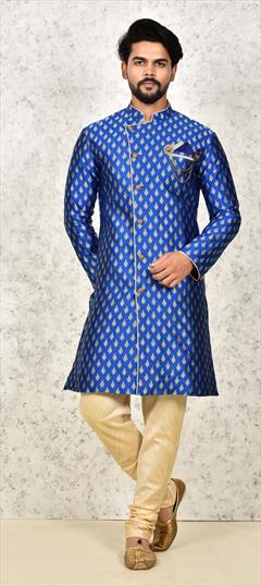 Blue color Kurta Pyjamas in Jamawar fabric with Thread work : 1808469