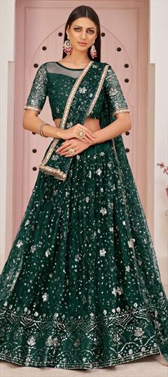 Reception, Wedding Green color Lehenga in Net fabric with A Line Lace, Sequence work : 1808602