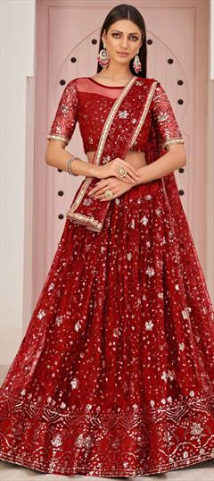 Reception, Wedding Red and Maroon color Lehenga in Net fabric with A Line Lace, Sequence work : 1808603