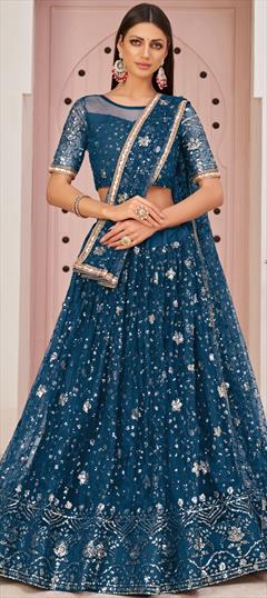 Reception, Wedding Blue color Lehenga in Net fabric with A Line Lace, Sequence work : 1808604