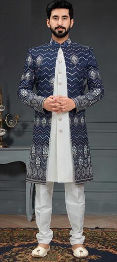 Blue color IndoWestern Dress in Imported fabric with Embroidered, Resham, Thread work : 1808607