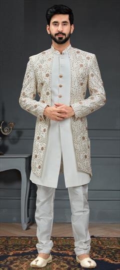 Gold, White and Off White color IndoWestern Dress in Imported fabric with Embroidered, Thread, Zari work : 1808617