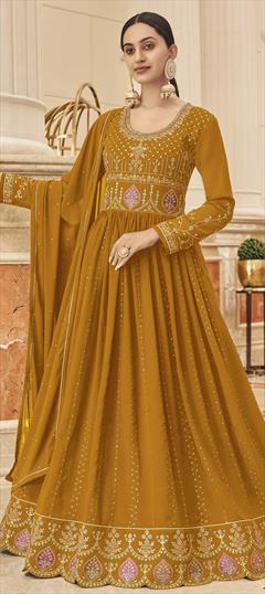 Mehendi Sangeet, Reception Beige and Brown color Salwar Kameez in Georgette fabric with Anarkali Embroidered, Resham, Thread work : 1808864
