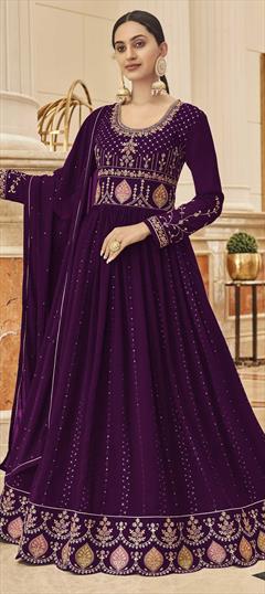 Mehendi Sangeet, Reception Purple and Violet color Salwar Kameez in Georgette fabric with Anarkali Embroidered, Resham, Thread work : 1808866